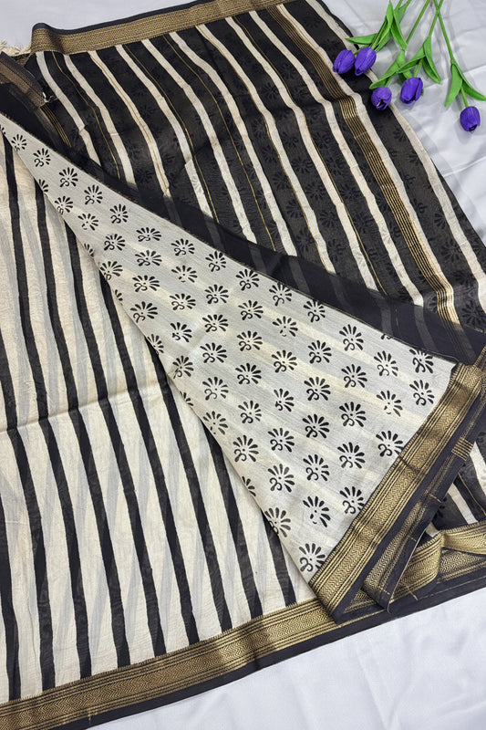 White Cadence Maheswari Silk Saree