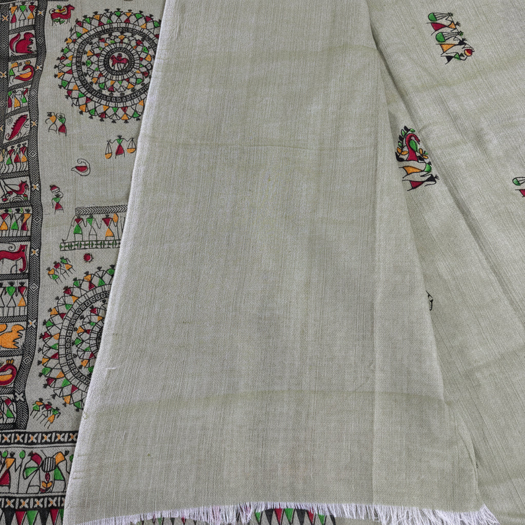Madhubani Verde Khadi Cotton Saree