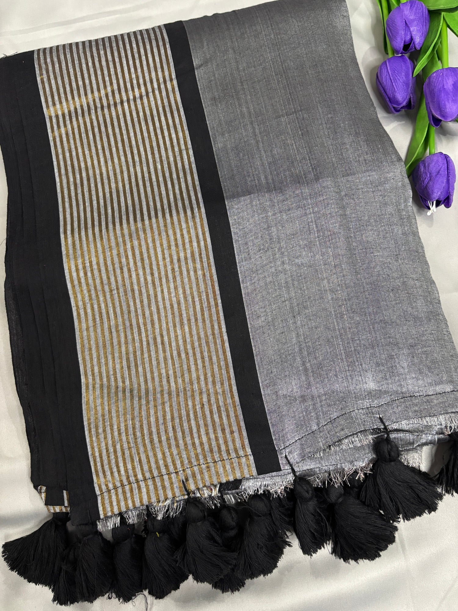 Ivory tissue cotton saree with striped border