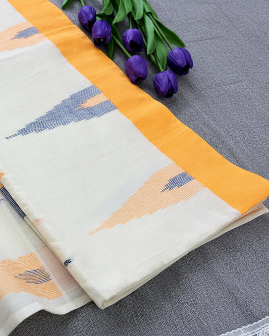 Yellow Border White Cotton  Saree