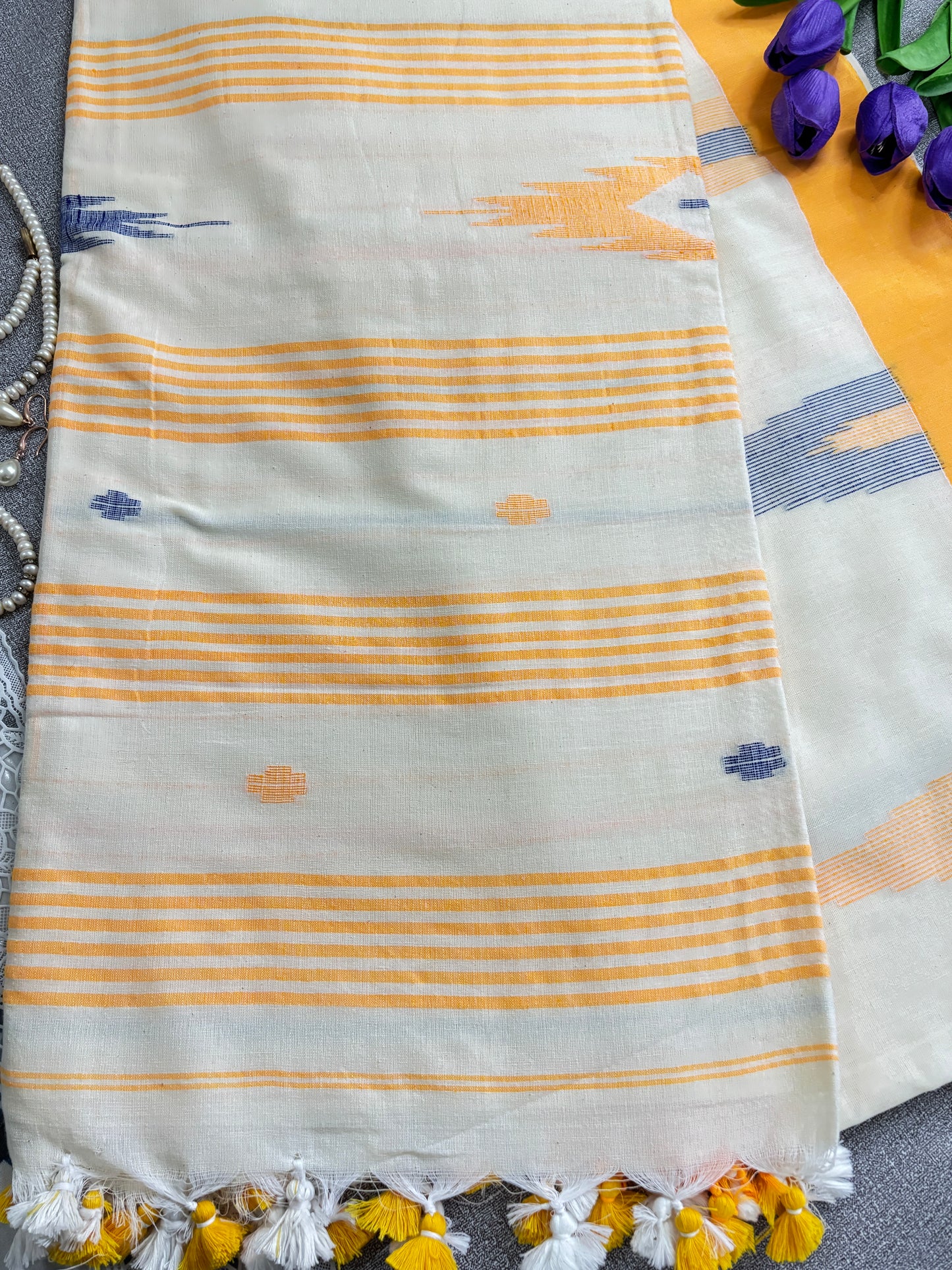Yellow Border White Cotton  Saree