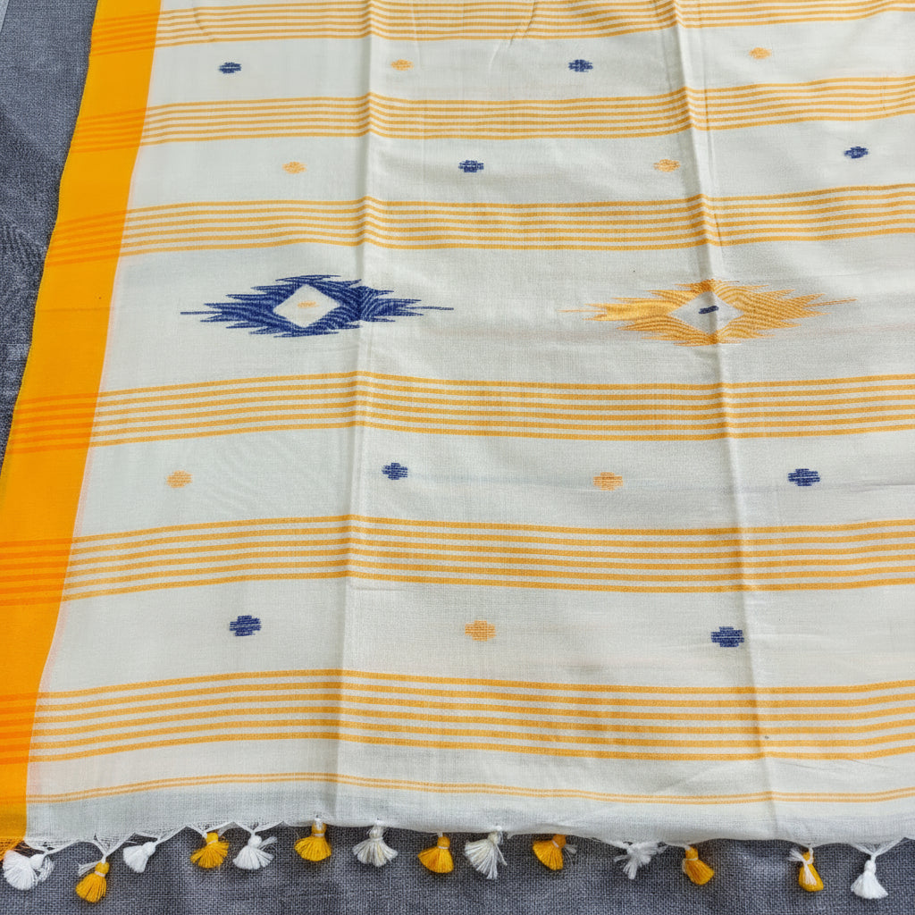 Yellow Border White Cotton  Saree