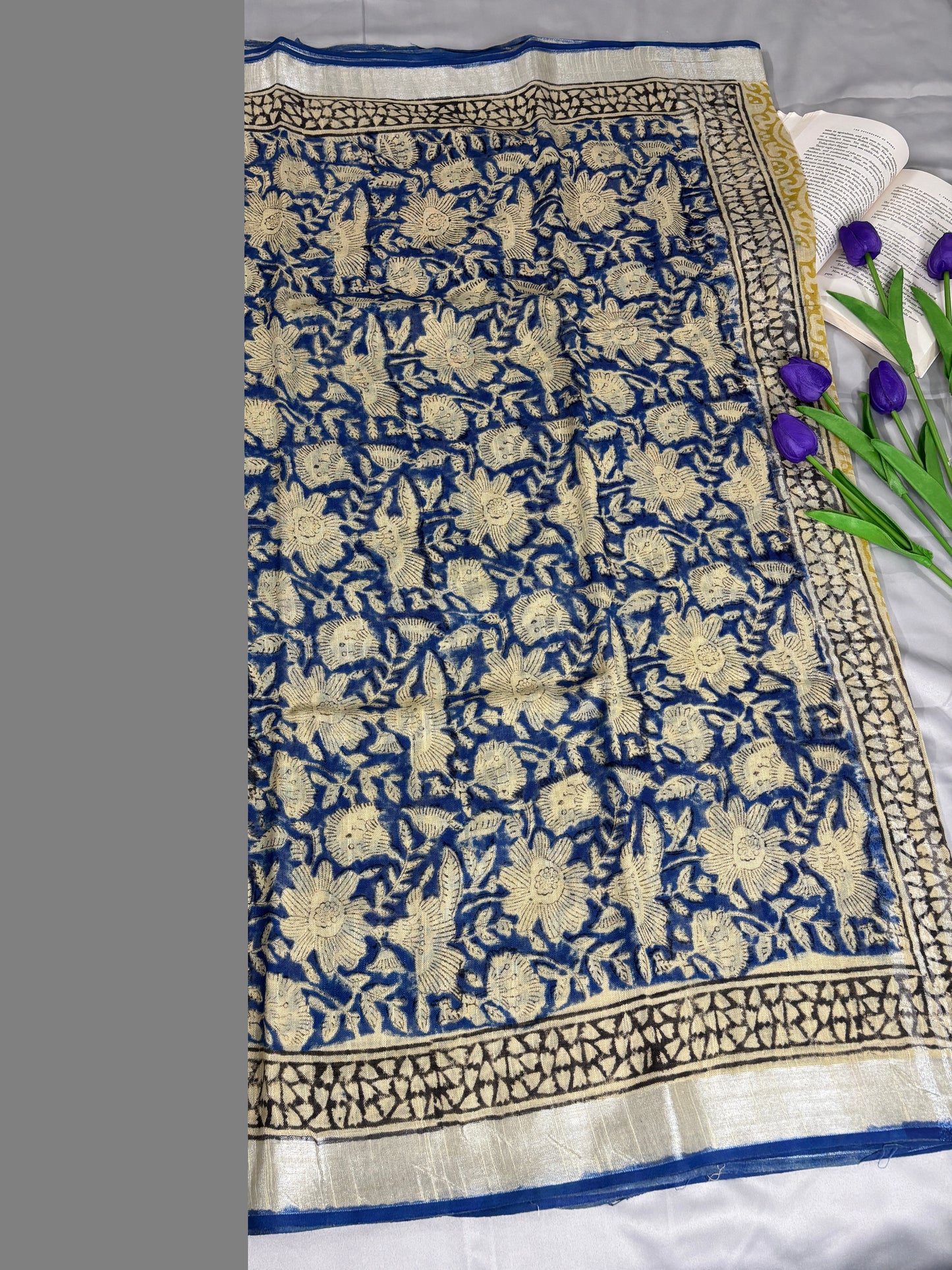 Indigo Bloom Linen Saree