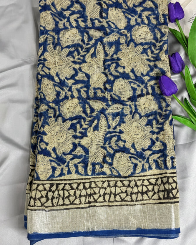 Indigo Bloom Linen Saree