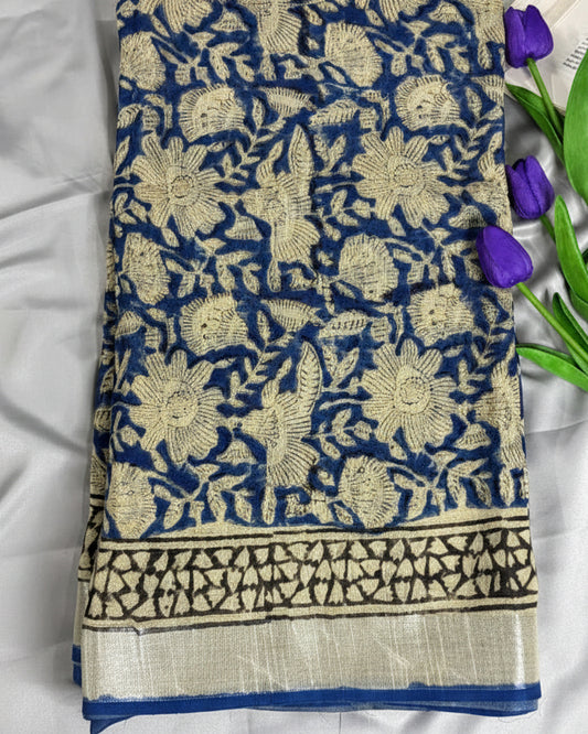 Indigo Bloom Linen Saree