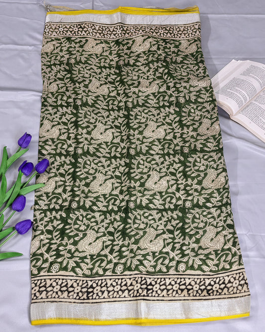 Forest Etch Green Linen Saree