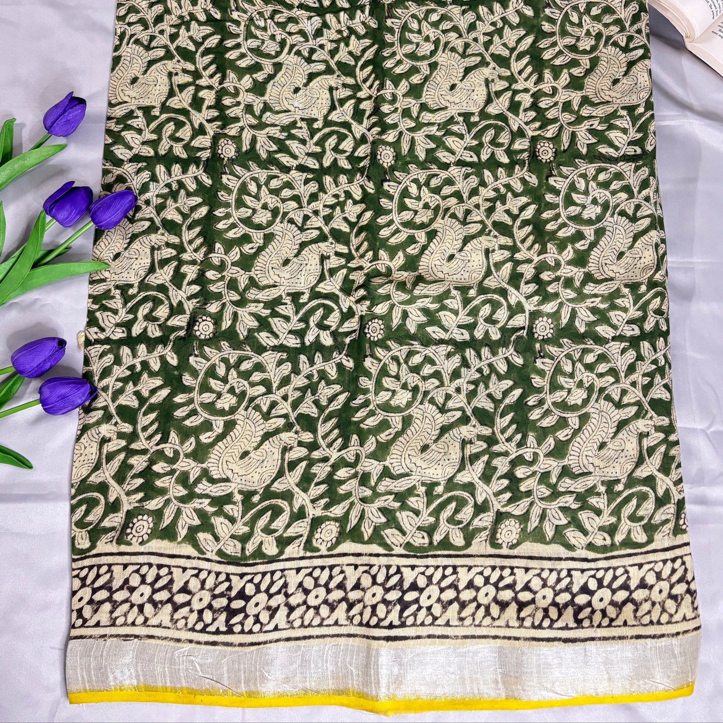 Forest Etch Green Linen Saree