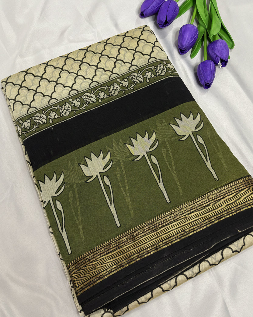Ivory Verde Maheswari Silk Saree
