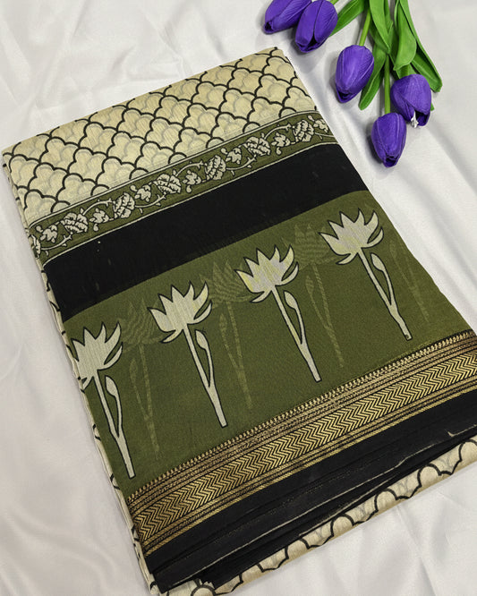 Ivory Verde Maheswari Silk Saree
