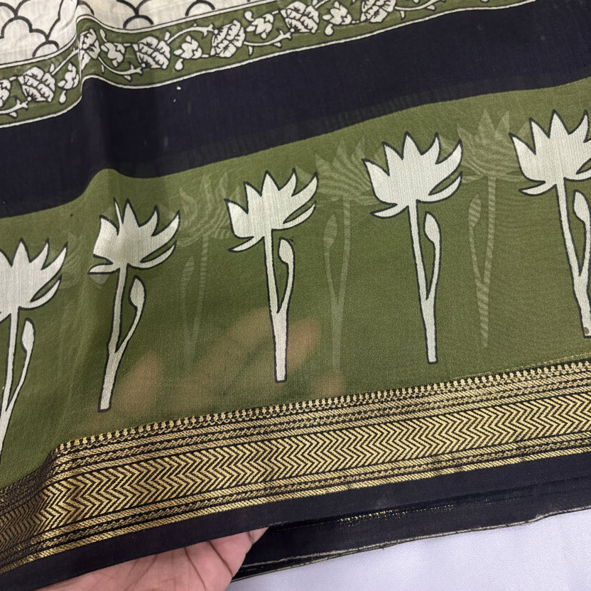 Ivory Verde Maheswari Silk Saree