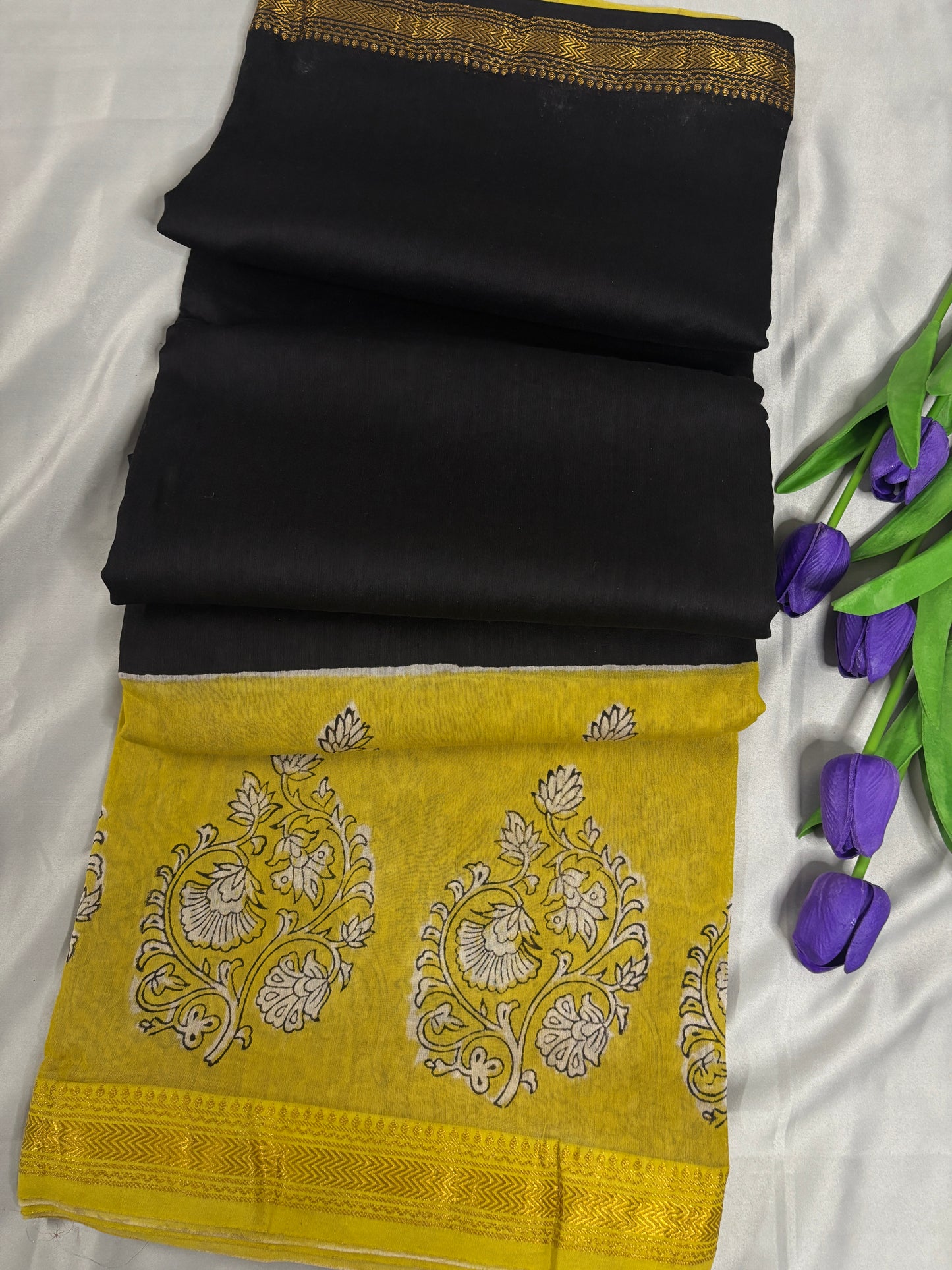 Midnight Marigold Maheswari Silk Saree