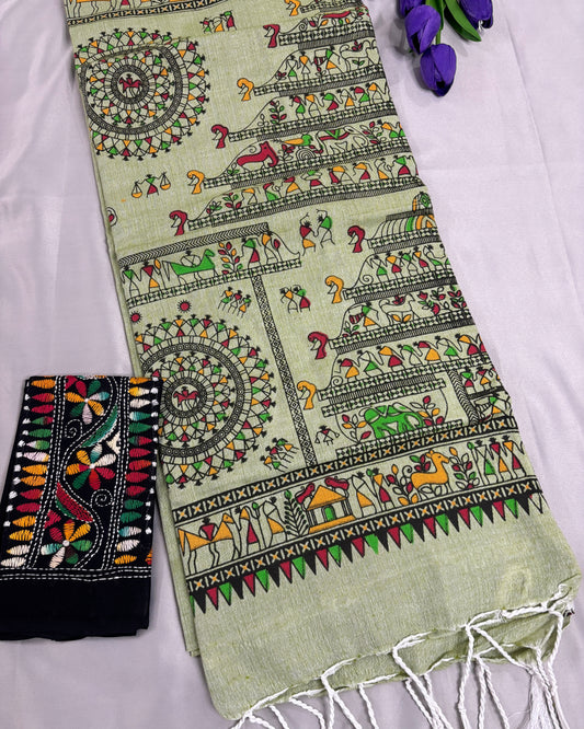 Khadi Cotton saree with intricate patterns on a light green background