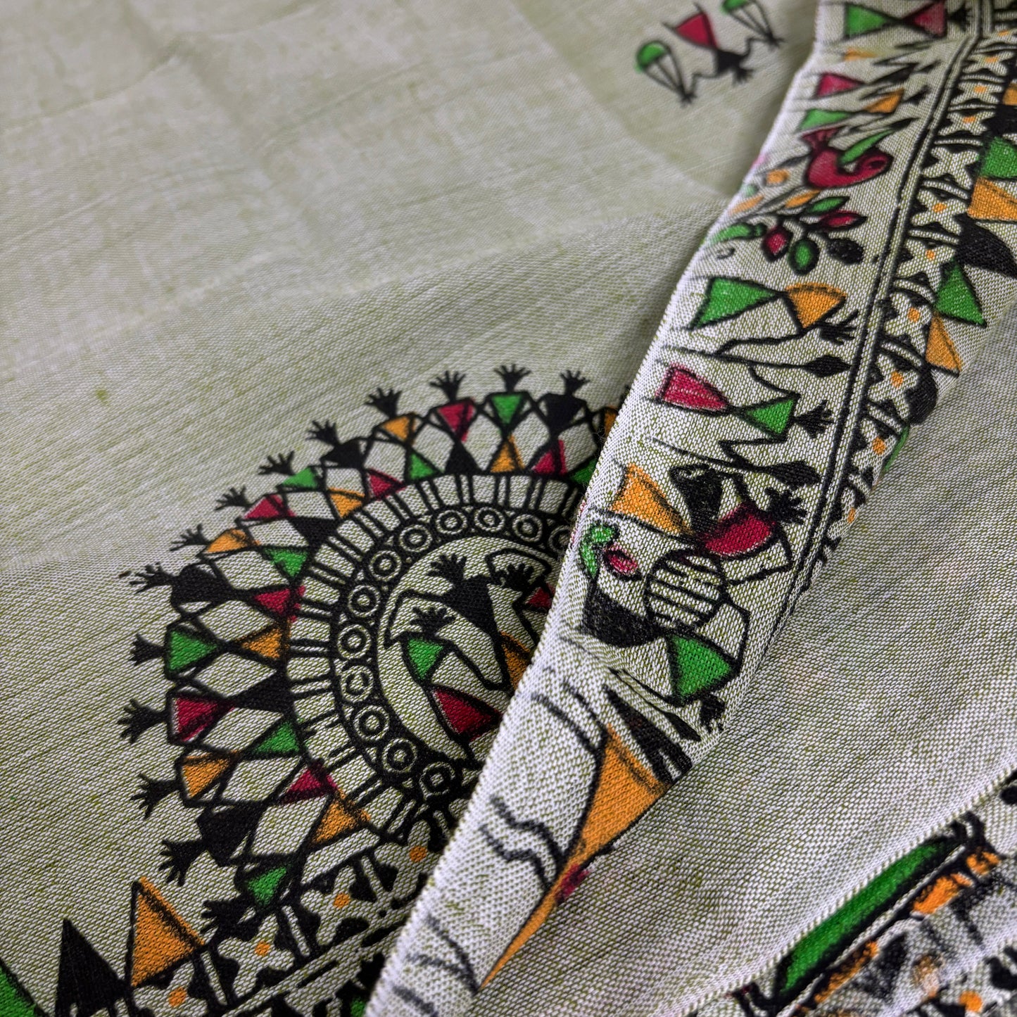 Madhubani Verde Khadi Cotton Saree
