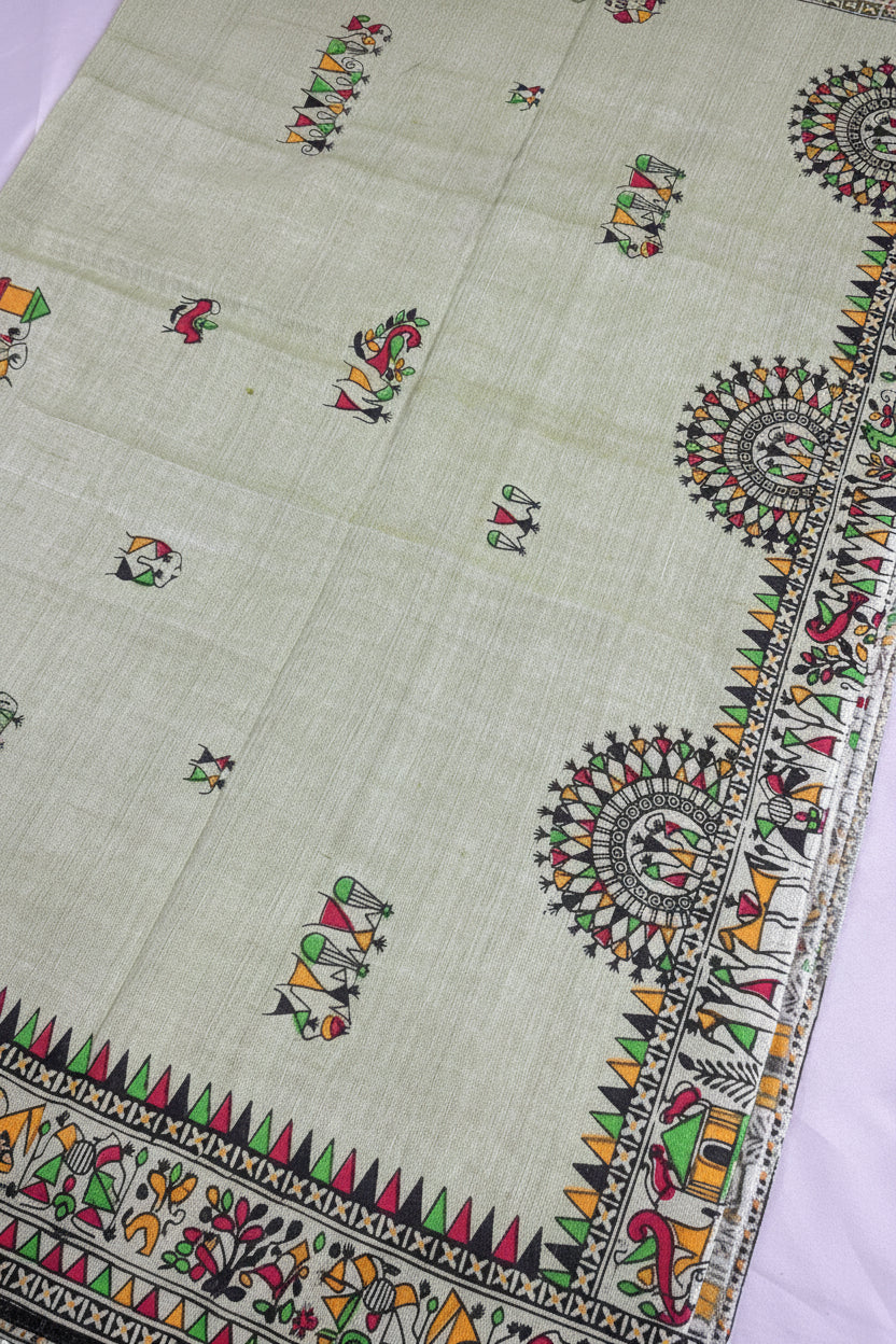 Madhubani Verde Khadi Cotton Saree