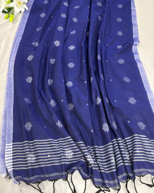 Blue pure soft cotton with white patterns and stripes on a light background