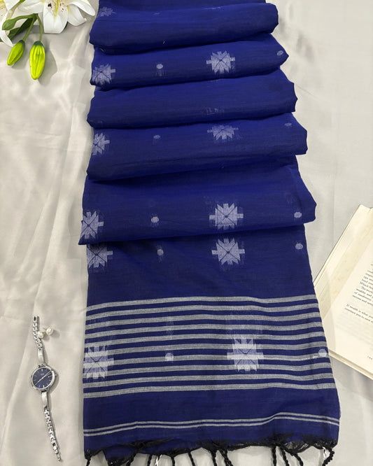Blue pure cotton saree with white patterns on a light gray background