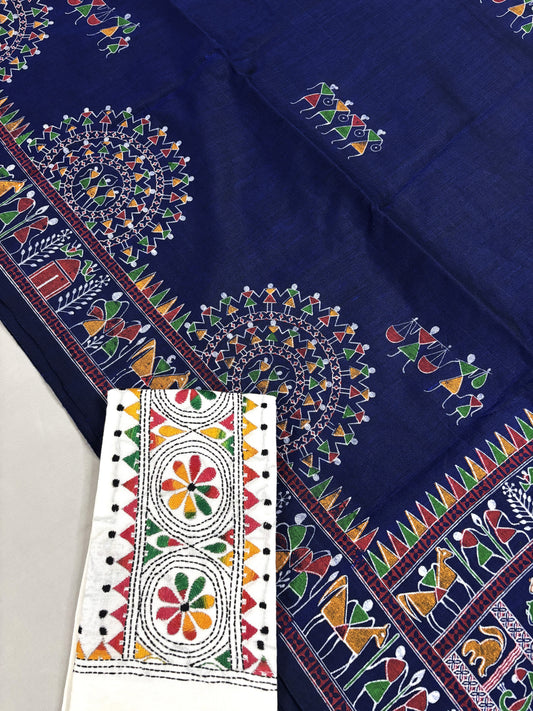 Midnight Madhubani Khadi Cotton Saree