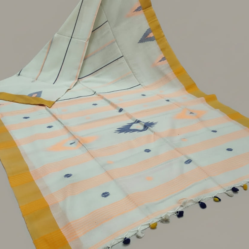 Yellow Border White Cotton  Saree